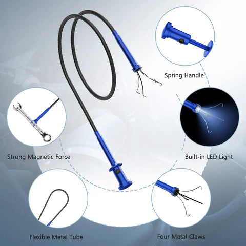 28 Inch Magnetic Four Claw Grabber Tool With Bendable Reacher And LED Light Battery, Flexible Long Pickup Helper For Litter, Home Sink And Drain Debris, Reaches Around Corners, Durable Blue
