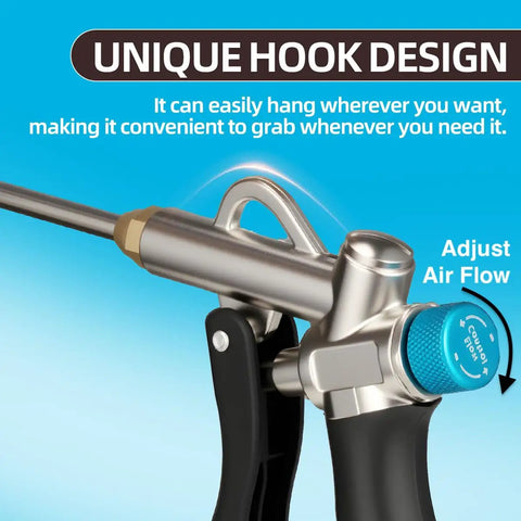 Heavy Hitter Industrial Air Blow Gun With 40 Inch Stainless Steel Extension Wand featuring unique hook design and adjustable airflow knob.