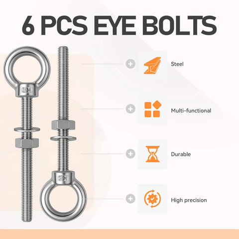 Image showing two Six Pack Stainless Steel Eye Bolts With Shoulder Three Eighths Inch Four Inches Heavy Duty Lifting Rings For Indoor And Outdoor Use Includes Nuts And Washers For Ropes Cables Hooks And Gear, highlighting steel durability and precision.
