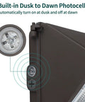 Close-up of LED Wall Pack With Dusk to Dawn Photocell, 60W 7,800 Lumens, 5000K Daylight Output, showing built-in photocell
