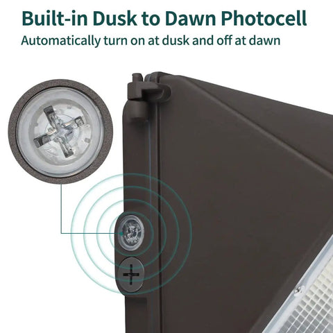 Close-up of 120W LED Wall Pack With Photocell For Dusk To Dawn Outdoor Lighting showing built-in dusk-to-dawn sensor