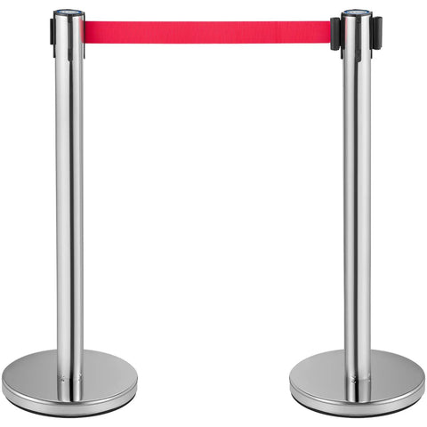 Set Of 6 Heavy Duty Crowd Control Stanchions With 6.6 Feet Red Retractable Belts Rubber Base No Fuss Assembly Durable Stainless Steel Poles And Iron Frame Ideal Barrier Posts For Events Queues And Public Safety Lines shown with silver posts and red belt.