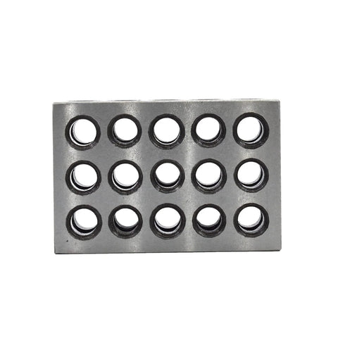 Front view of a 1x2x3 inch hardened steel machinist setup block with 23 holes