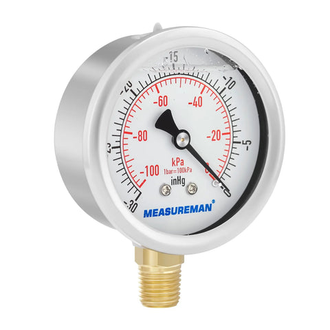 MeasureMan 2-1/2 in glycerin-filled gauge with stainless steel case and brass 1/4 in NPT lower mount; white dial