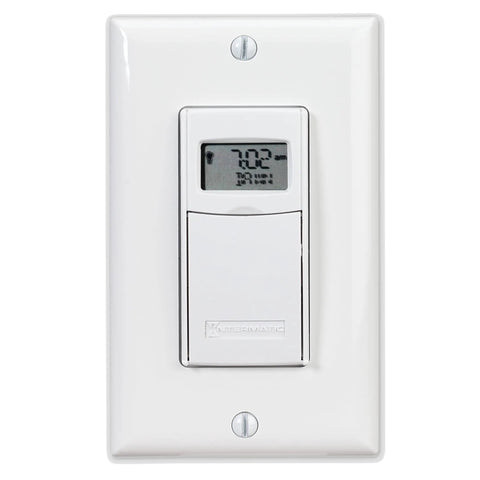 Front view of 7 Day In Wall Digital Timer Switch For Lights And Appliances With Astronomic Auto Adjust Sunrise Sunset Schedules Built Tough Heavy Duty White For Single Pole Or 3 Way Installations