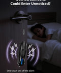 Infrared Pin Hole Camera Finder And Wireless Detector hanging on door handle near sleeping person, showing alarm activation.