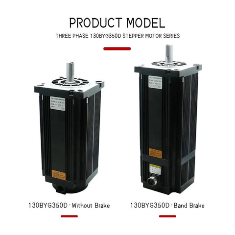 50Nm Three Phase Stepper Brake Motor With HB3722MA Hybrid Driver For CNC Engravers And Lathes, Ideal For CNC Routers, Mills, Engraving Machines, 3D Printers, Robotics And DIY Automation Projects. Two 130BYG350D motors, without brake and band brake, shown front view.