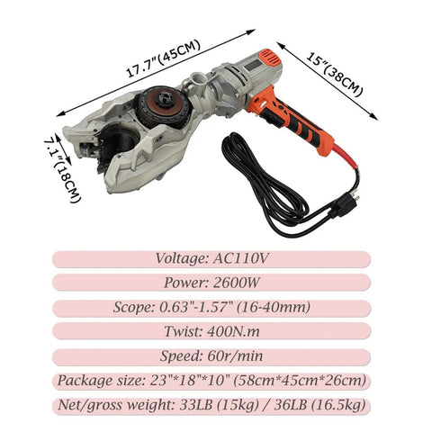 Heavy Duty Electric Rebar Threading Wrench With Dual Chuck Design Portable 110V 2600W Bolt Screwing Driver for steel bars.