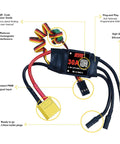 30A Brushless ESC for RC Aircraft with XT60 Connector, BEC, and Bullet Plugs, labeled diagram highlighting features and connections