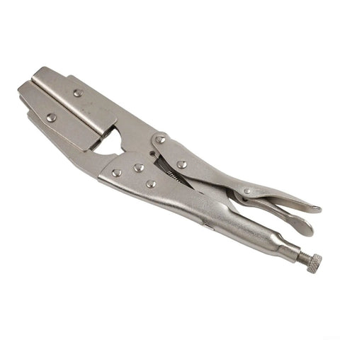 Get These Bad Boy Locking Pliers. Ten Inch Carbon Steel Heavy Duty Vise Grips for quick clamp action, shown from an overhead angle.