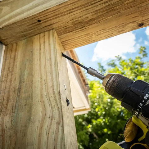 Structural Wood Screw Set for Exterior Projects with Grip-Rite Size 10 x 3 Inch being used in outdoor wood installation