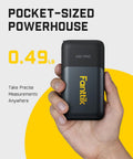 Hand holding a compact, black A10 Pro device, labeled "Fanttik," 0.49 lb, with "Pocket-sized Powerhouse" and "Take Precise Measurements Anywhere."
