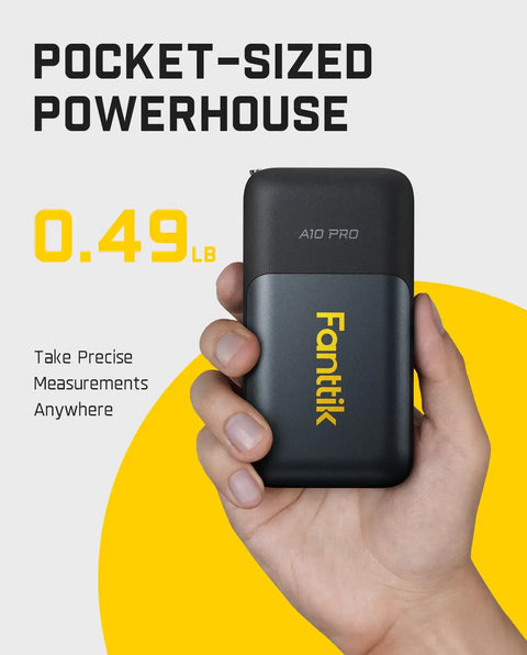 Hand holding a compact, black A10 Pro device, labeled "Fanttik," 0.49 lb, with "Pocket-sized Powerhouse" and "Take Precise Measurements Anywhere."