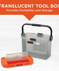 20V Max Cordless Drill With 64-Piece Home Toolkit In A Translucent Portable Toolbox, showcasing portability and storage features.