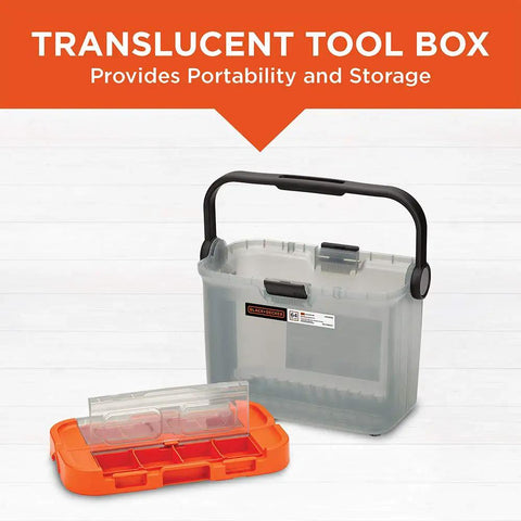 20V Max Cordless Drill With 64-Piece Home Toolkit In A Translucent Portable Toolbox, showcasing portability and storage features.