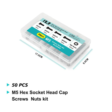 Heavy Duty M5 Hex Socket Cap Screws Bolts Nuts Kit 50 Pcs Set 50mm 60mm 70mm 80mm Fully Threaded 12.9 Grade Alloy Steel