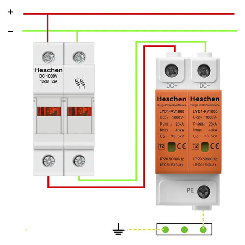 Front view of 2 Pole DC 1000V Solar Fuse Holder For 10 X 38mm Fuses 35mm DIN Rail Mount CE Listed 32A PV Fuse Block.