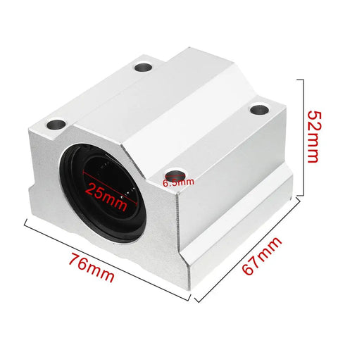 Front view of SCS25UU 25mm Bore Linear Ball Bearing Slide Block with dual seals for CNC, dimensions 76x67x51.5mm, durable housing.