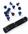 Twelve Piece Blue And Purple Titanium Triangle Screw Kit For Microtech Utx 85 And Ultratech Otf Knife Rigs with knife and screws.