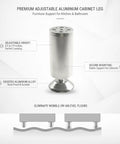 Rock Solid Adjustable Height Aluminum Cabinet Leg With Oxidized Finish For Leveling Kitchen Islands, Vanities And Bathroom Cabinets, Stable Support For Uneven Floors, Eliminates Wobble And Gaps, 1 Piece, illustrated with adjustable features and secure mounting instructions.