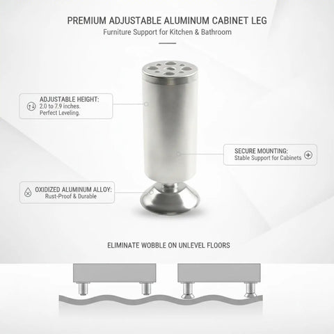 Rock Solid Adjustable Height Aluminum Cabinet Leg With Oxidized Finish For Leveling Kitchen Islands, Vanities And Bathroom Cabinets, Stable Support For Uneven Floors, Eliminates Wobble And Gaps, 1 Piece, illustrated with adjustable features and secure mounting instructions.