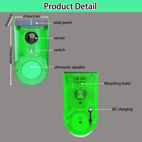 Solar Outdoor Motion Sensor Alarm With Ultrasonic Detection 129dB Siren Strobe Light For Home Villa Yard Farm Barn Chicken Coop 5 Adjustable Modes Day And Night Security System, front and back view, 117mm x 67mm