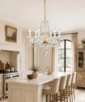 Gold Finish K9 Crystal Chandelier With 6 Lights over a dining room table, elegant dining room lighting fixture.