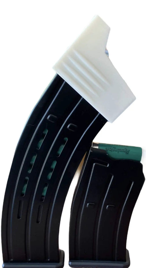 Purple 12 Gauge Magazine Speed Loader For Armscor Style Mags with black magazine and white loader attachment.