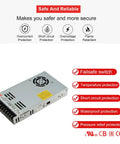 Workhorse 350W Single Output Switching Power Supply With Straight Up 12V 29A Delivery And Selectable Dual Voltage Input showing safety features.