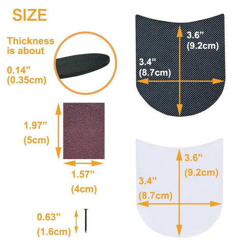 Two Pairs Rubber Heel Pads Replacement Kit With 3.5 mm Thick Anti Slip Cushions For Men And Women Leather Shoes Includes Nails Sandpapers Self Adhesive Stickers product dimensions and components