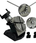 4 Inch Tilting Milling Rotary Table With 0 To 90 Degree Tilt pictured with 65mm self-centering chuck, back plate, T nuts for metalworking.