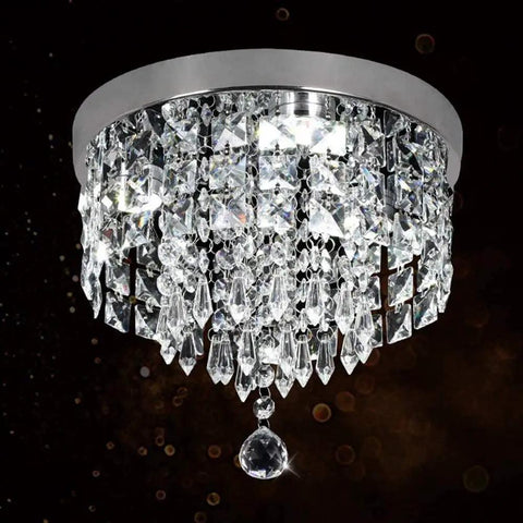 Dope Crystal Chandelier LED Ceiling Light Flush Mount in Stainless Steel with Beaded Shade against dark backdrop