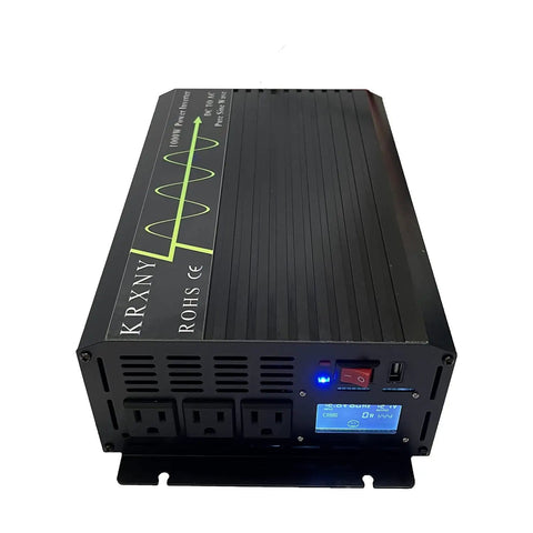 1000W Continuous, 2000W Peak Pure Sine Wave Inverter From 12V DC To 110V 120V AC 60Hz With USB Port, black rectangular device