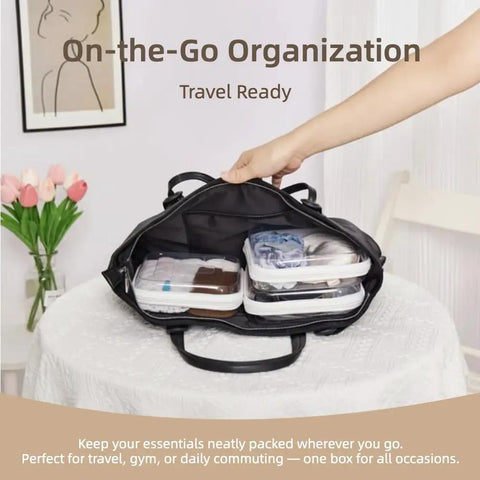 Open black bag revealing Three Pack Medium Clear Hard Shell Zipper Pouches for purse and diaper bag organizer and travel essentials