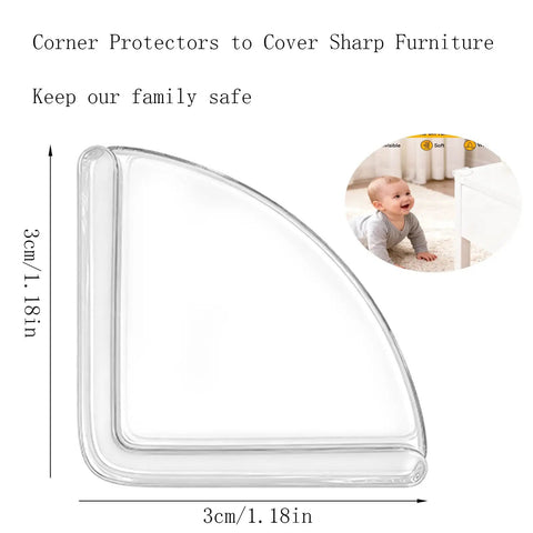 Fan Shaped Furniture Corner Protectors With Strong 3M Adhesive Tape Slam Dunk Edge Guards showing clear plastic guard, 3cm size.