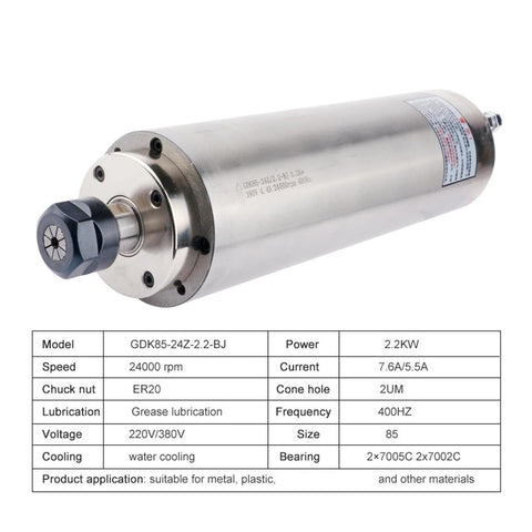 Badass 2200W Er20 Water Cooled Spindle Motor For Cnc Milling And Drilling showing a shiny metal design with ER20 chuck and cooling system.