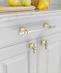 10 Pack 5 Inch Brushed Satin Nickel And Gold Cabinet Handles Set For Kitchen Cabinets And Cupboards, installed on white drawer