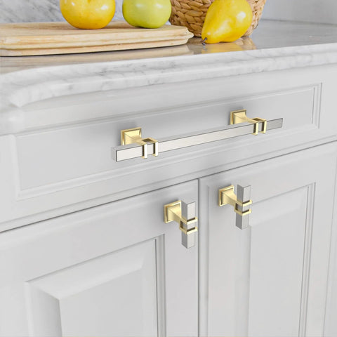 10 Pack 5 Inch Brushed Satin Nickel And Gold Cabinet Handles Set For Kitchen Cabinets And Cupboards, installed on white drawer