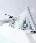 Modern Roman Tub Faucet With 360 Rotating Spout And Hand Shower Deck Mount in chrome, water flowing from hand shower.
