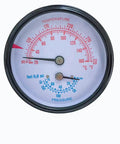 Replacement Boiler Gauge For Tridicator Two And A Half Inch Dial NPT With 1.5 Inch Stem Bronze Build Temperature Range Seventy To Three Hundred Twenty Fahrenheit And Zero To Seventy Five PSI With Pro Adjustable Red Pointer.