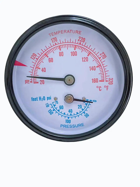 Replacement Boiler Gauge For Tridicator Two And A Half Inch Dial NPT With 1.5 Inch Stem Bronze Build Temperature Range Seventy To Three Hundred Twenty Fahrenheit And Zero To Seventy Five PSI With Pro Adjustable Red Pointer.