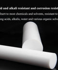 Close-up of PTFE Teflon Rods White Solid Round Rod 60mm Diameter And 300mm Length, chemical resistant material on black background.