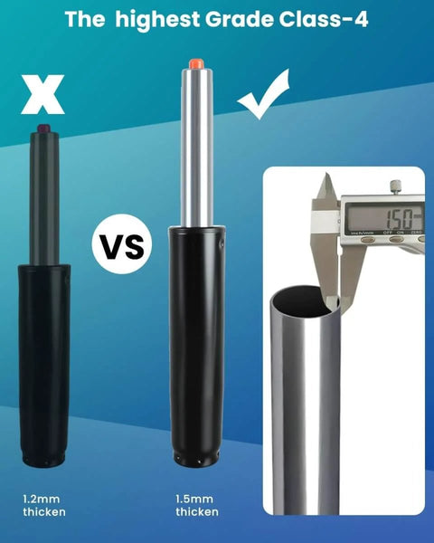 Comparison of heavy duty office chair gas lift cylinder replacement with 1.2mm and 1.5mm thickness, 5 inch stroke, Class 4 piston.