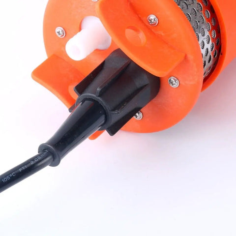 Close-up of 12V DC Submersible Deep Well Water Pump Powered by Solar Battery Power for Off Grid Remote Water Needs Great for Greenhouses