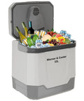Heavy Duty 35 QT Portable Electric Cooler And Warmer For Cars Trucks And Homes 12V 110V Thermoelectric Fridge Box With Power Cord Gray full of drinks and fruits with lid open.