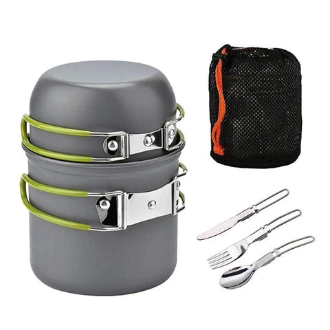 Grab and Go Camping Tableware Kit With Foldable Spoon Fork Knife Kettle and Cup Ultra Compact Lightweight Cookware Set in bag