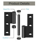 Black Lift Off Door Hinges 3 Inch Set Of 6 For Exterior And Interior Doors Removable Detachable Design Built To Last Rust Resistant 201 Stainless Steel With Matte Black Coating Left Hand Fit Cabinets Gates And Wood Doors, exploded view with steel pin and cap