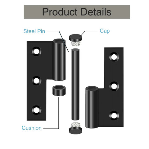 Black Lift Off Door Hinges 3 Inch Set Of 6 For Exterior And Interior Doors Removable Detachable Design Built To Last Rust Resistant 201 Stainless Steel With Matte Black Coating Left Hand Fit Cabinets Gates And Wood Doors, exploded view with steel pin and cap