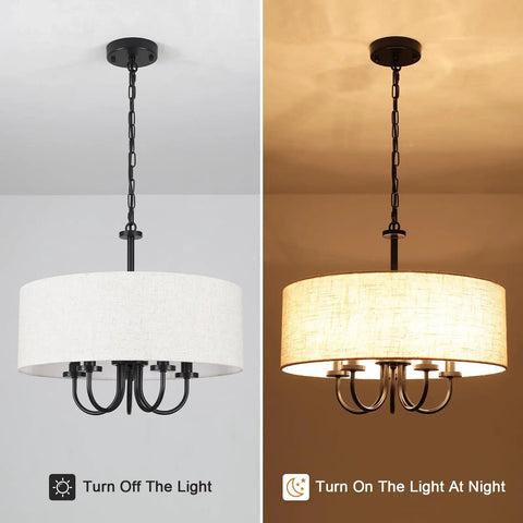 Two views of a black metal chandelier with a white drum shade, showing it turned off during the day and on at night.