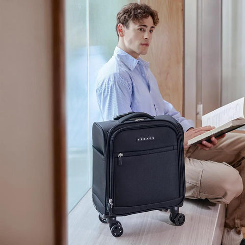 Verage underseat carry-on luggage with wheels, black softside 14.5-inch spinner suitcase.